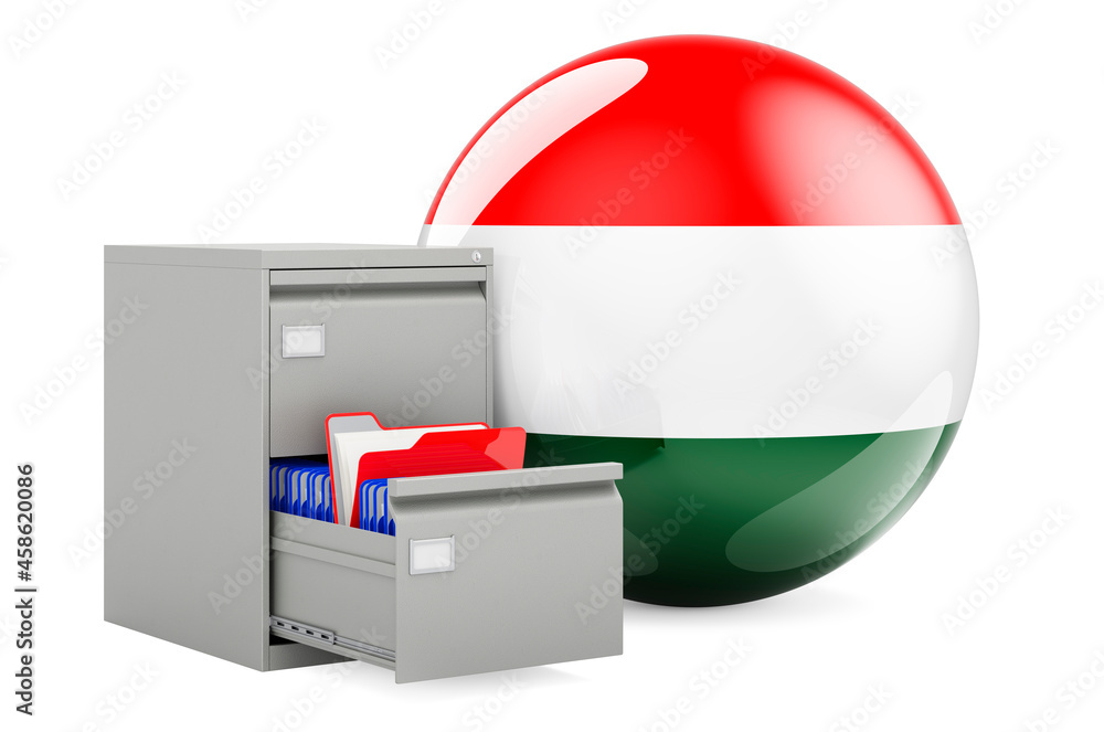 Poster database in hungary, concept. folders in filing cabinet with hungarian flag, 3d rendering