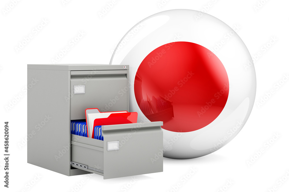 Aufkleber database in japan, concept. folders in filing cabinet with japanese flag, 3d rendering