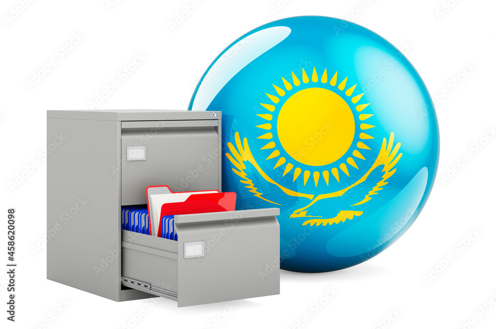 Poster database in kazakhstan, concept. folders in filing cabinet with kazakh flag, 3d rendering