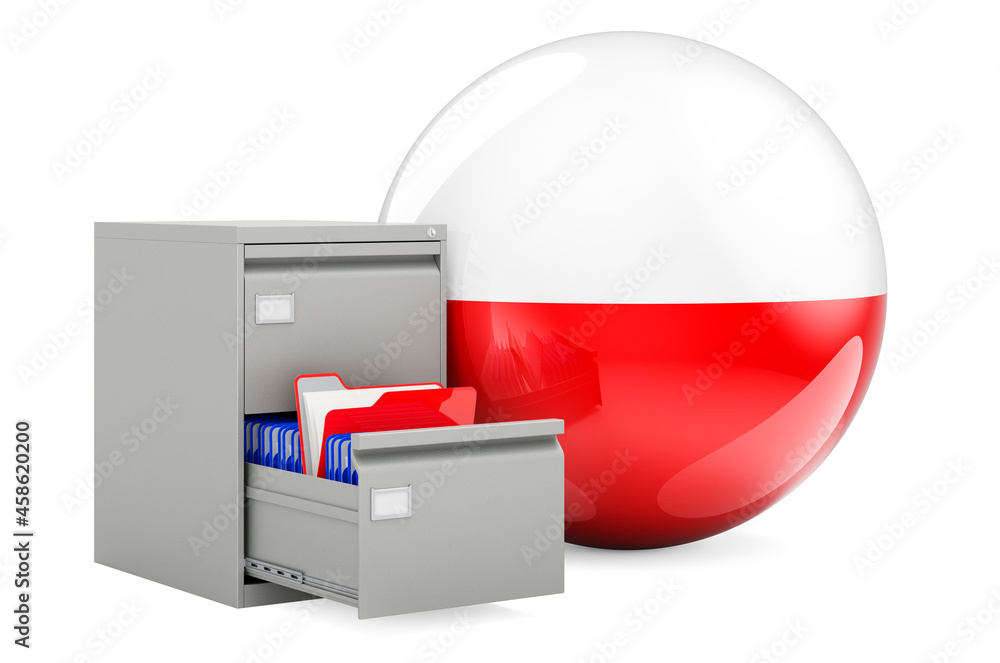 Poster database in poland, concept. folders in filing cabinet with polish flag, 3d rendering