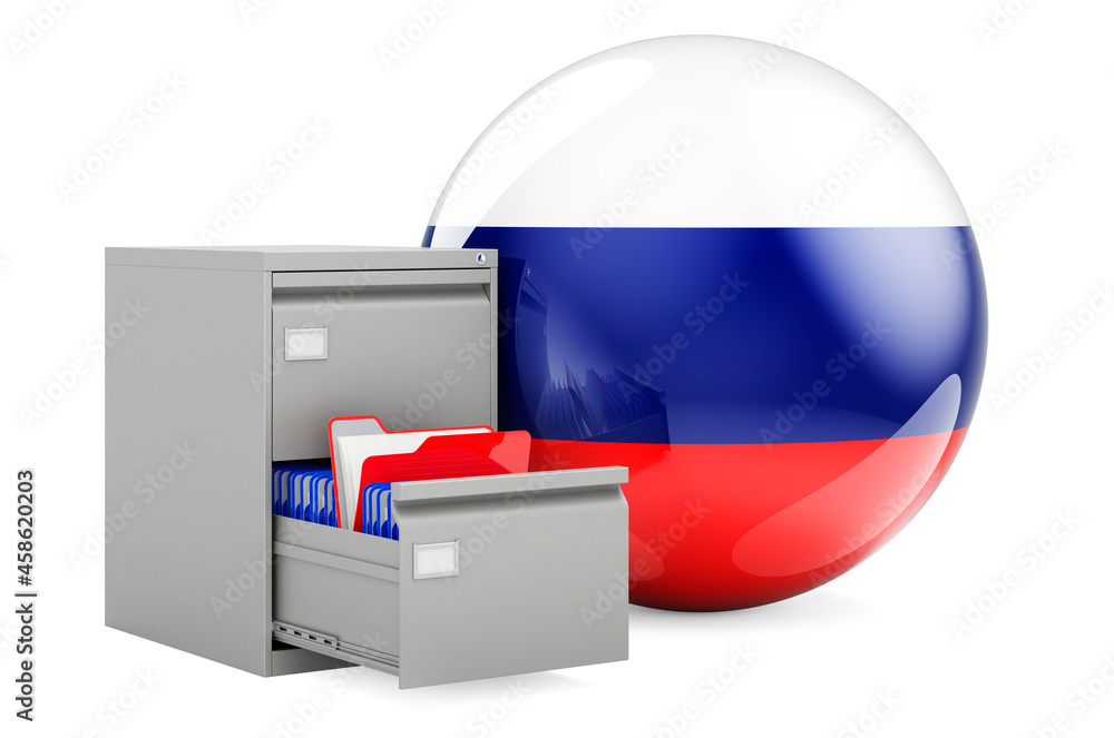 Poster database in russia, concept. folders in filing cabinet with russian flag, 3d rendering