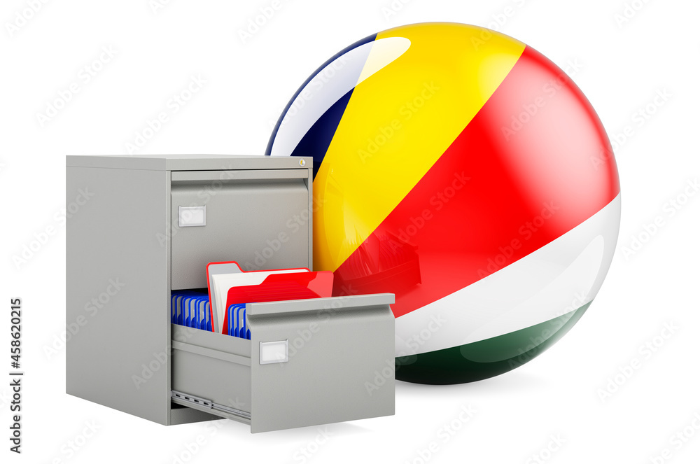 Poster database in seychelles, concept. folders in filing cabinet with seychelloise flag, 3d rendering