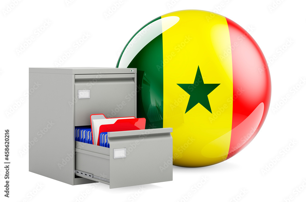 Poster database in senegal, concept. folders in filing cabinet with senegalese flag, 3d rendering