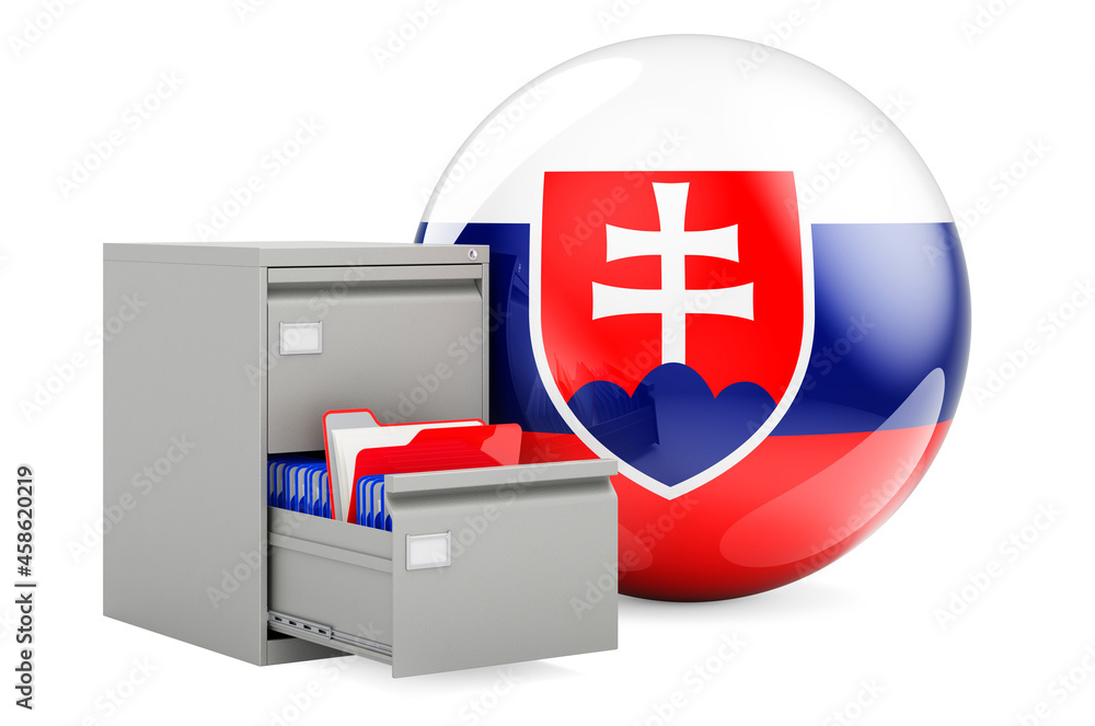 Poster database in slovakia, concept. folders in filing cabinet with slovak flag, 3d rendering