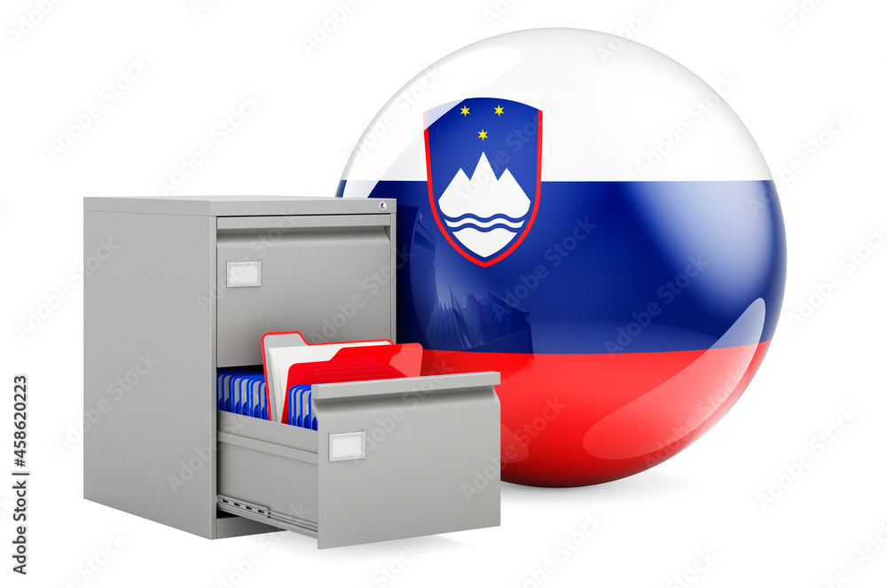 Poster database in slovenia, concept. folders in filing cabinet with slovenian flag, 3d rendering
