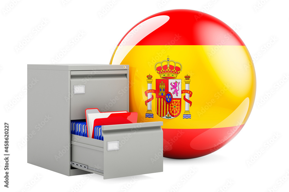 Poster database in spain, concept. folders in filing cabinet with spanish flag, 3d rendering