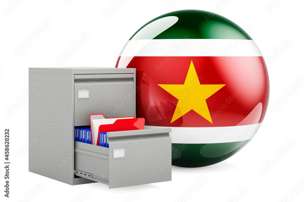 Poster database in suriname, concept. folders in filing cabinet with surinamese flag, 3d rendering