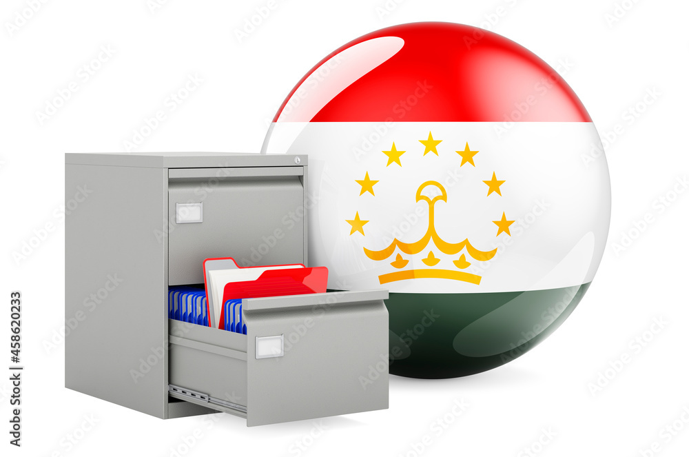 Poster database in tajikistan, concept. folders in filing cabinet with tajik flag, 3d rendering