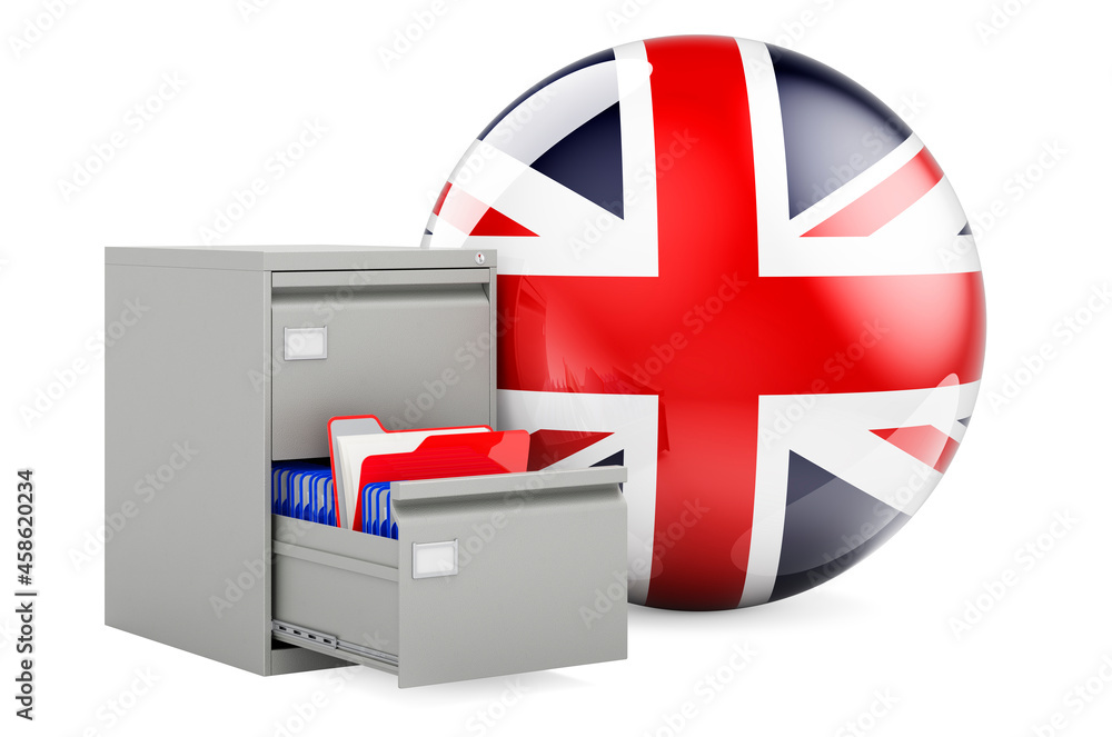Poster database in the great britain, concept. folders in filing cabinet with british flag, 3d rendering