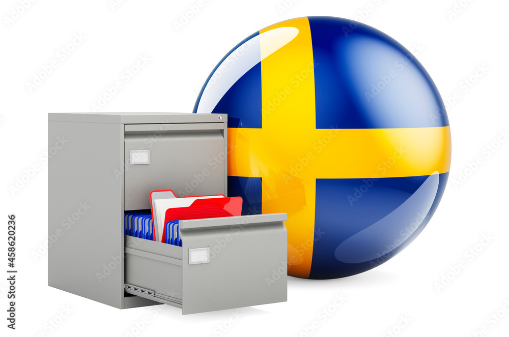 Poster database in sweden, concept. folders in filing cabinet with swedish flag, 3d rendering