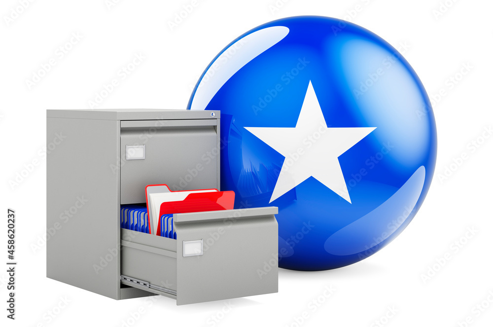 Poster database in somalia, concept. folders in filing cabinet with somali flag, 3d rendering