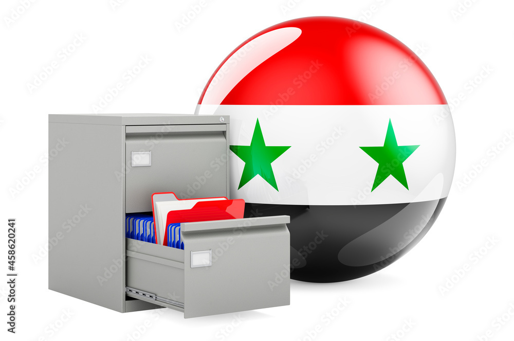 Poster database in syria, concept. folders in filing cabinet with syrian flag, 3d rendering