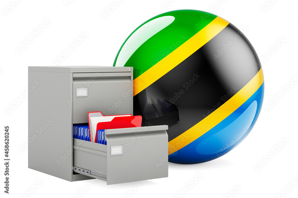 Poster database in tanzania, concept. folders in filing cabinet with tanzanian flag, 3d rendering