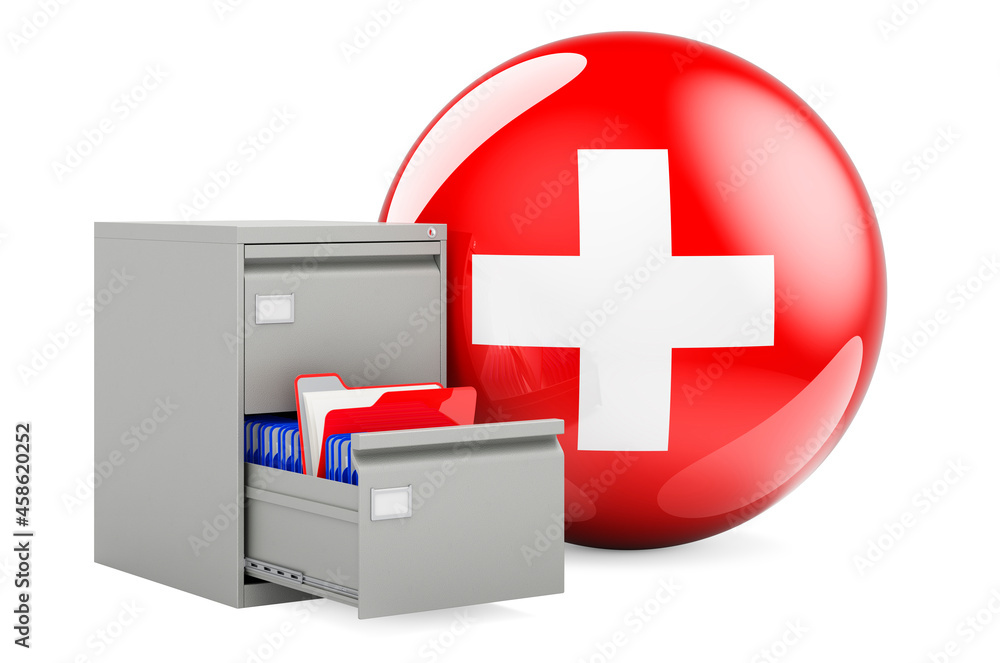 Poster database in switzerland, concept. folders in filing cabinet with swiss flag, 3d rendering
