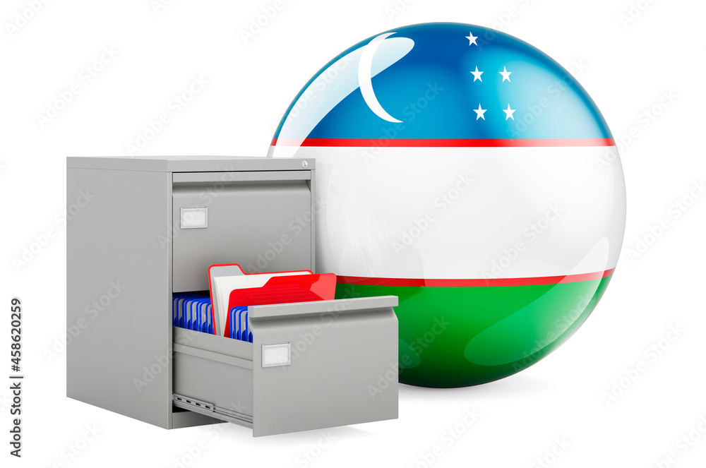 Aufkleber database in uzbekistan, concept. folders in filing cabinet with uzbek flag, 3d rendering