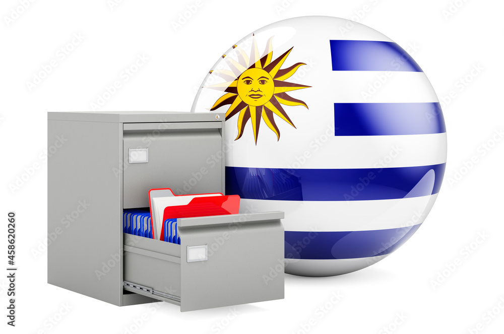 Aufkleber database in uruguay, concept. folders in filing cabinet with uruguayan flag, 3d rendering