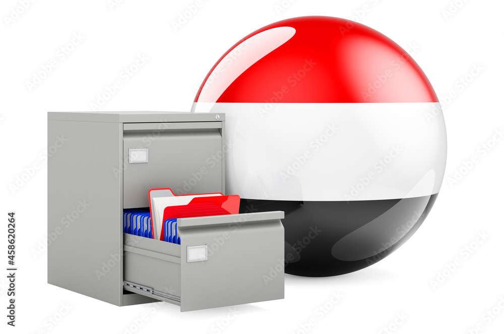 Poster database in yemen, concept. folders in filing cabinet with yemeni flag, 3d rendering