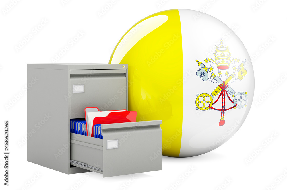 Poster database in vatican, concept. folders in filing cabinet with vatican flag, 3d rendering