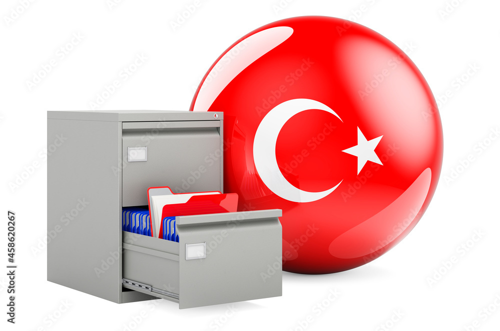 Poster database in turkey, concept. folders in filing cabinet with turkish flag, 3d rendering