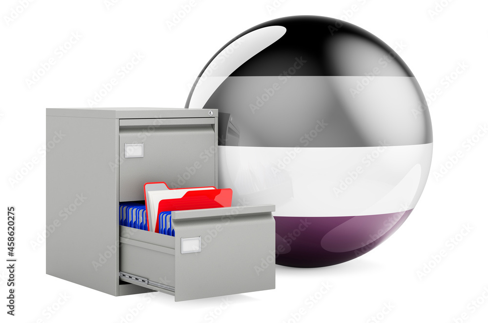 Poster folders in filing cabinet with asexual flag, 3d rendering