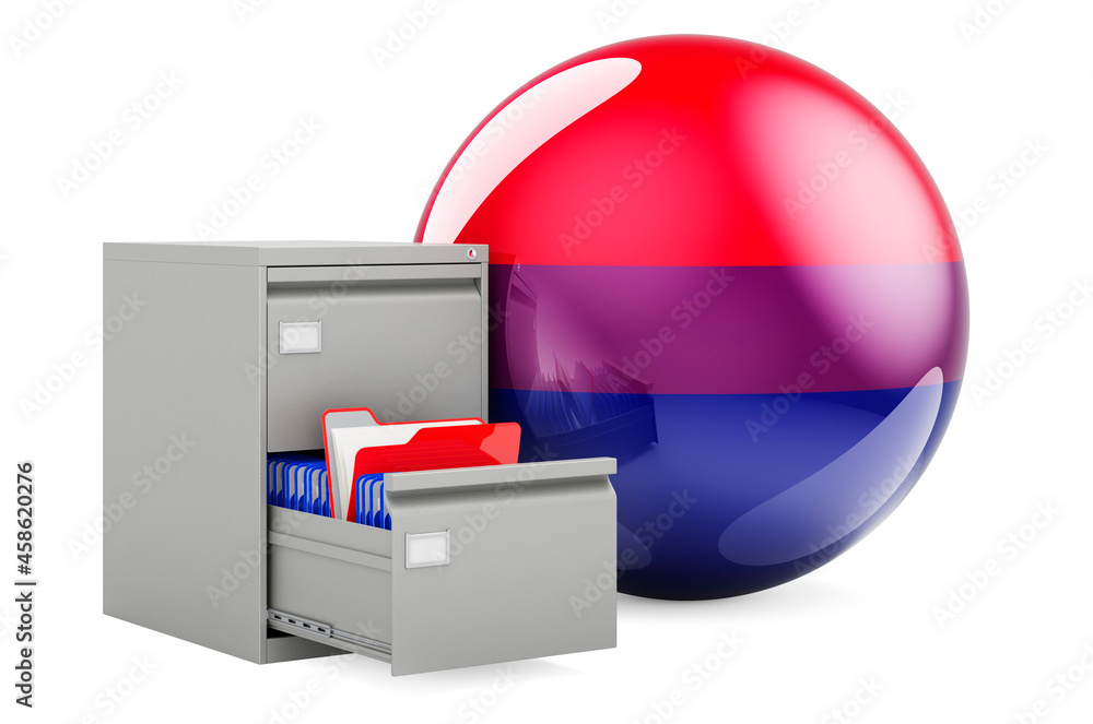 Poster folders in filing cabinet with bisexual flag, 3d rendering