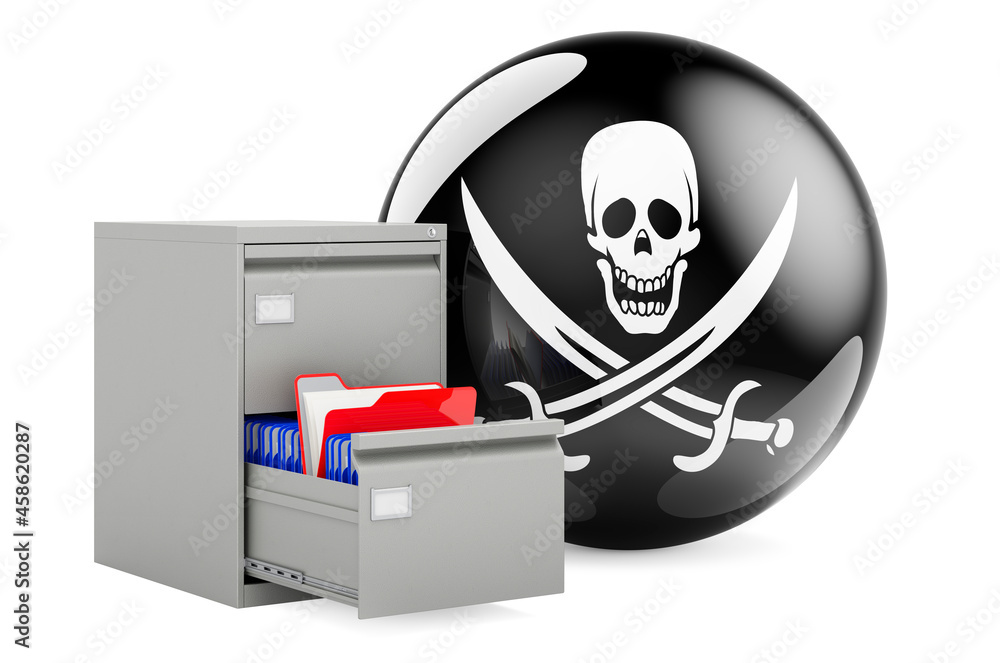 Poster folders in filing cabinet with piracy flag, 3d rendering