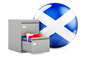 Database in Scotland, concept. Folders in filing cabinet with Scottish flag, 3D rendering