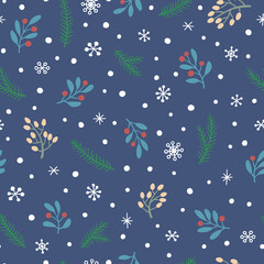Fototapeta na wymiar Vector seamless pattern with branches, berries and snowflakes. Cute design for Christmas wrappings, textile, wallpaper and backgrounds.