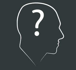 Portrait. Linear silhouette of a male head. Icon. Flat illustration of face. Head icon with a question mark inside. Silhouette of a guy. Man avatar. Linear avatar. Question in the head
