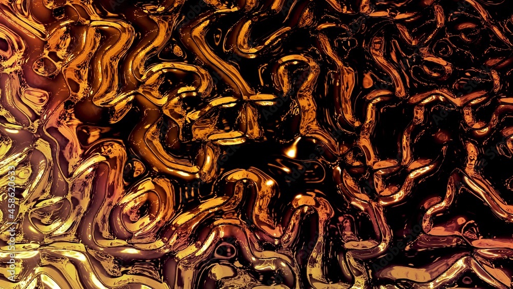 Poster abstract background with wavy sparkling golden liquid pattern on shiny glossy surface. viscous yello