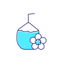 Coconut cocktail with straw and flower outline icon. Coconut milk. Color filled symbol. Isolated vector illustration