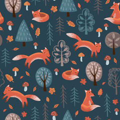 Red fox and coniferous forest seamless pattern. Stylized pine, spruce and foxes on a dark blue background. Design for children's fabric, wallpaper, paper, gift wrapping.