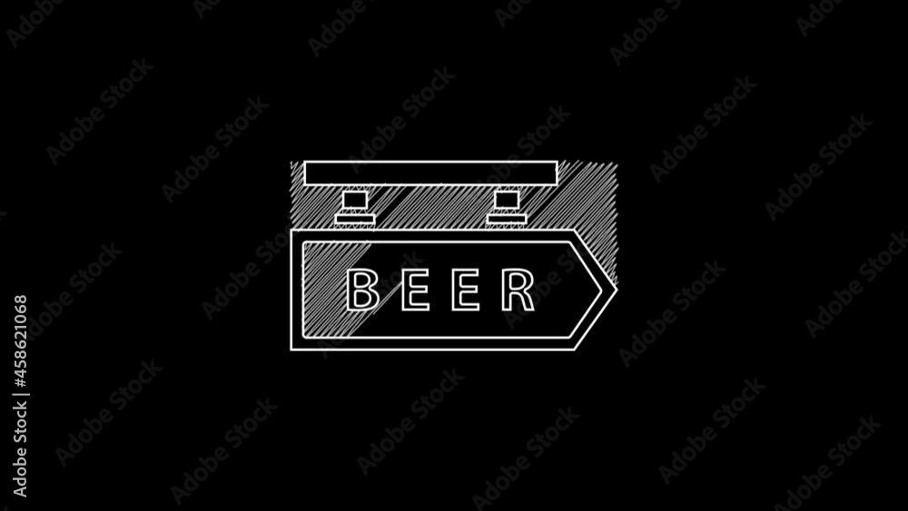 Sticker White line Street signboard with inscription Beer icon isolated on black background. Suitable for advertisements bar, cafe, pub, restaurant. 4K Video motion graphic animation