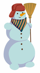 Cute snowman in hat. Colored cartoon doodle of winter attribute. Hand drawn vector illustration. Single drawing isolated on white background. Element for Christmas design, print, sticker, card, decor.