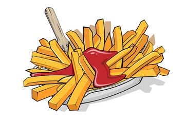 cartoon illustration of french fries with ketchup