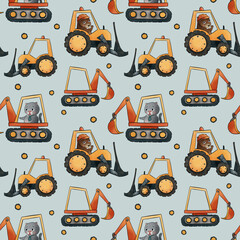 Cute children seamless pattern building theme perfect for boys exсavator and bulldozer with drivers beaver and cat