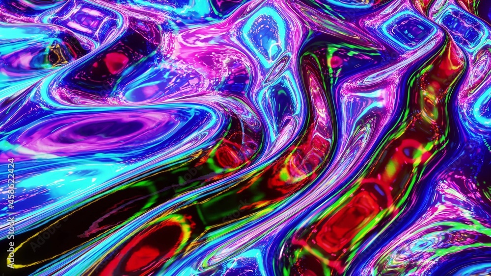 Poster 3d render. liquid pattern like waves. 3d stylish abstract iridescent bg of wavy surface like brillia