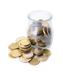 Jar with coins on white background
