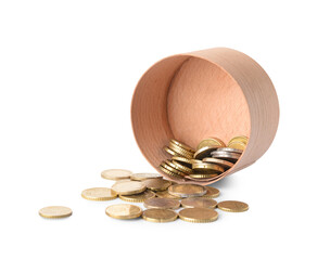 Box with coins on white background