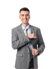 Handsome young man in stylish formal suit on white background