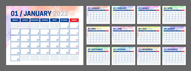 Colorful 2022 Calendar Design with Different Color for Every Month