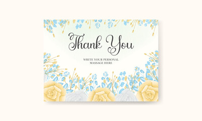 Obraz premium Elegant hand drawing watercolor floral thank you card with soft flowers and leaves 