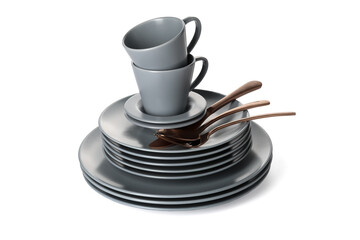 Set of grey clean dishes on white background