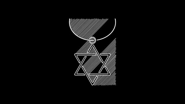 White line Star of David necklace on chain icon isolated on black background. Jewish religion symbol. Symbol of Israel. Jewellery and accessory. 4K Video motion graphic animation