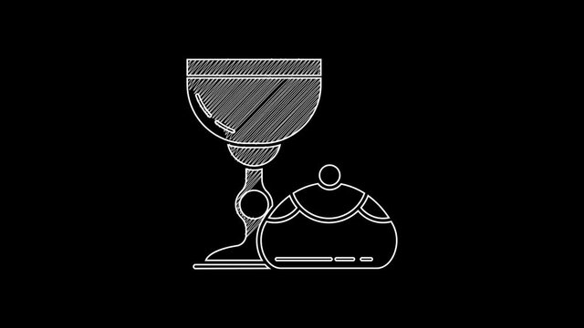 White line Jewish goblet and hanukkah sufganiyot icon isolated on black background. Jewish sweet bakery. Wine cup for kiddush. 4K Video motion graphic animation