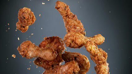 Super slow motion of flying fried chicken pieces on black background. Filmed on high speed cinema camera, 1000fps