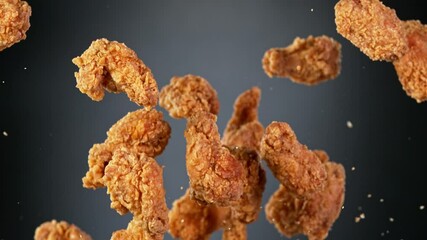 Super slow motion of flying fried chicken pieces on black background. Filmed on high speed cinema camera, 1000fps
