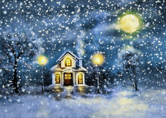 Oil paintings landscape, christmas house in the snow