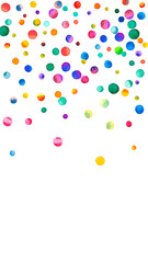 Watercolor confetti on white background. Alluring rainbow colored dots. Happy celebration high colorful bright card. Interesting hand painted confetti.