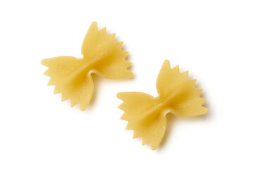 Top view of two raw farfalle pasta isolated on white background.